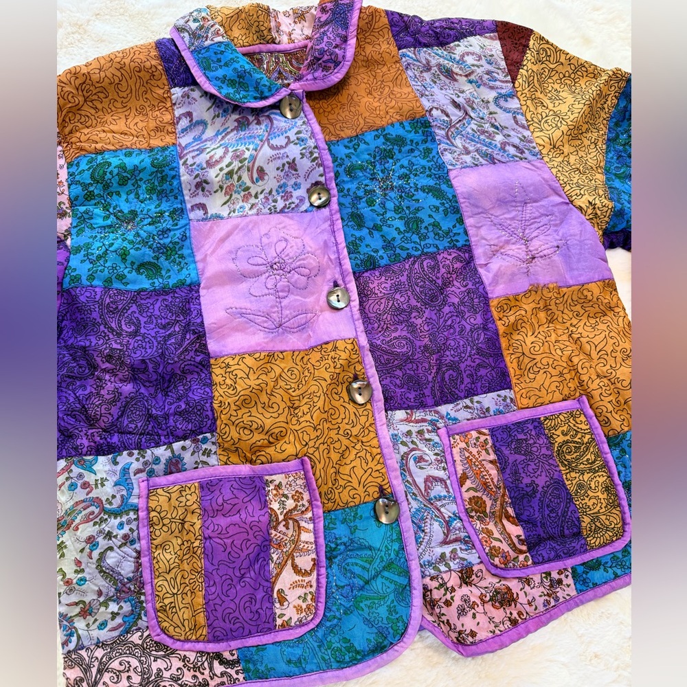 💫Vibrant Vintage Handmade Colorful Fairycore Floral Paisley Patchwork Jacket - Picture 4 of 14